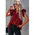 thumbnail image 3 of Women's Red Floral Print Tiered Flutter Sleeve V Neck Top, 3 of 12