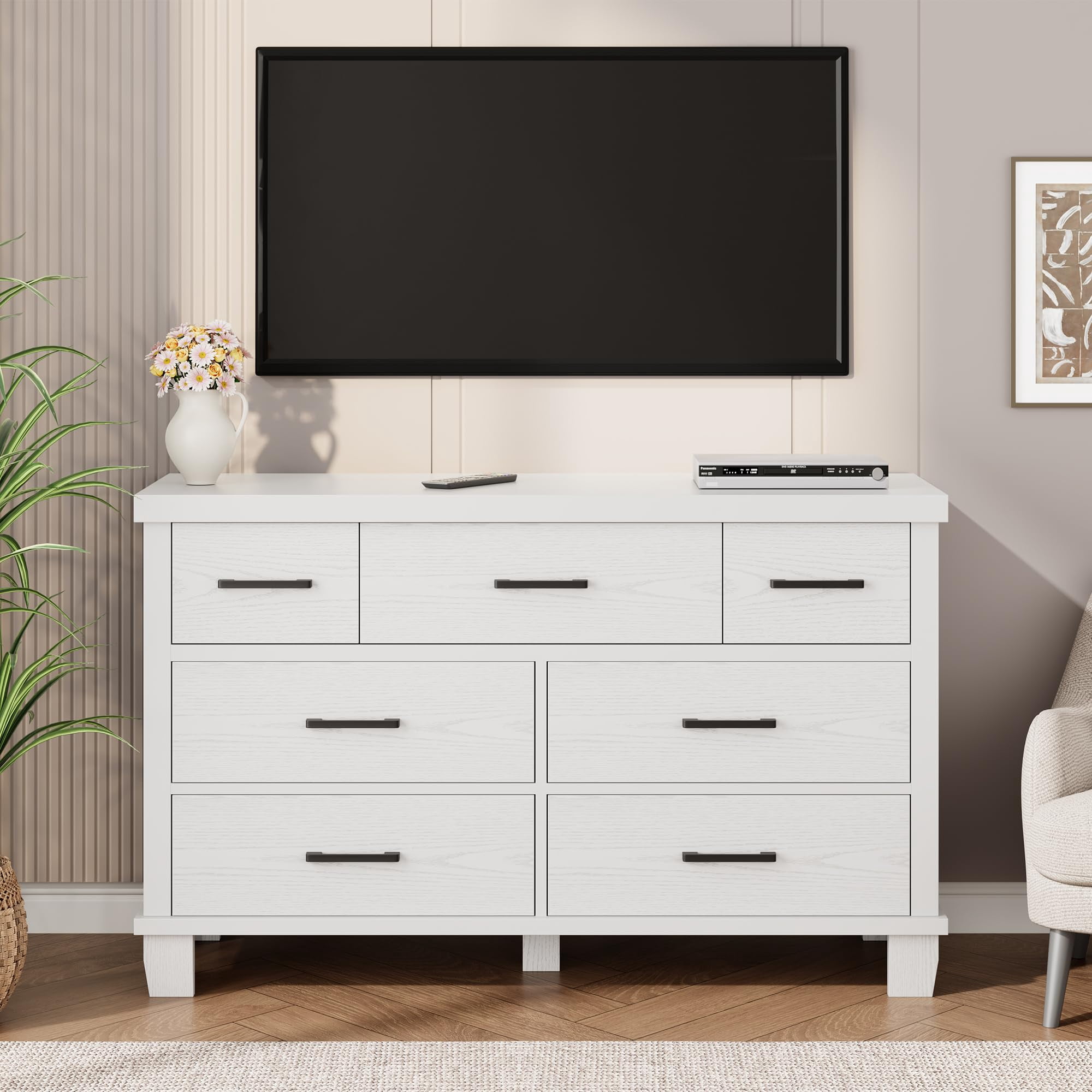 Kicctian 7 Drawer Dresser for Bedroom, 51" Wide Modern Wood Chest of Drawers, Wooden Closet Organizer with Metal Handles, Bedroom Living Room,White