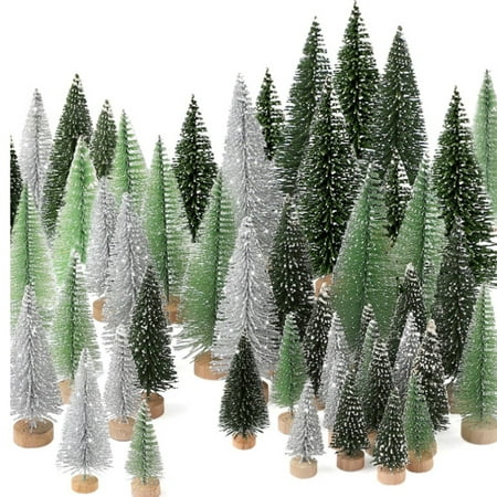 AGXAP Desktop Ornament 30PCS Artificial Mini Christmas Trees Mini Tree Sisal Trees With Wood Base Bottle Brush Trees For Christmas Table Top Decor Winter Crafts Ornaments