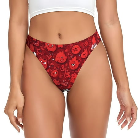 Qokaie Playful Red Cartoon Faces Printed Women s Cotton Thong Underwear  Sexy Breathable Panties G-string-Large