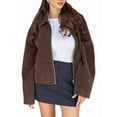 thumbnail image 3 of Female Faux Suede -Jacket Zipper Pilot Coat Casual Lapel Oversized Long Sleeves Y2K Outerwear Coats Brown L, 3 of 9