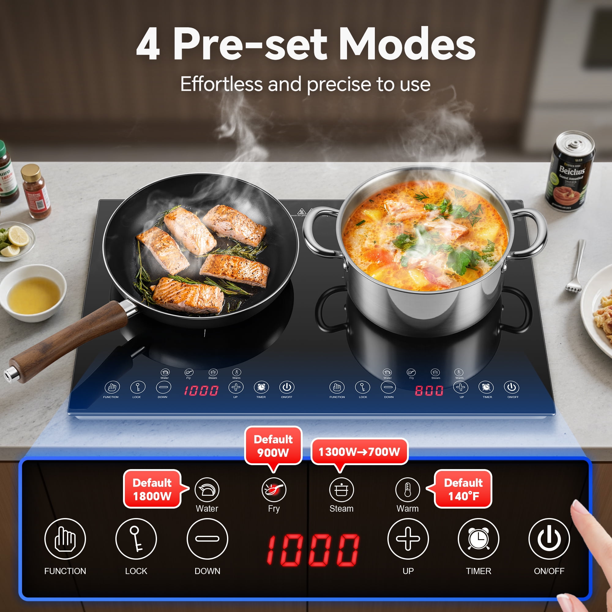 Amzgachfktch 1800W Double Induction Cooktop with 4 Presets & Touch Control in Black
