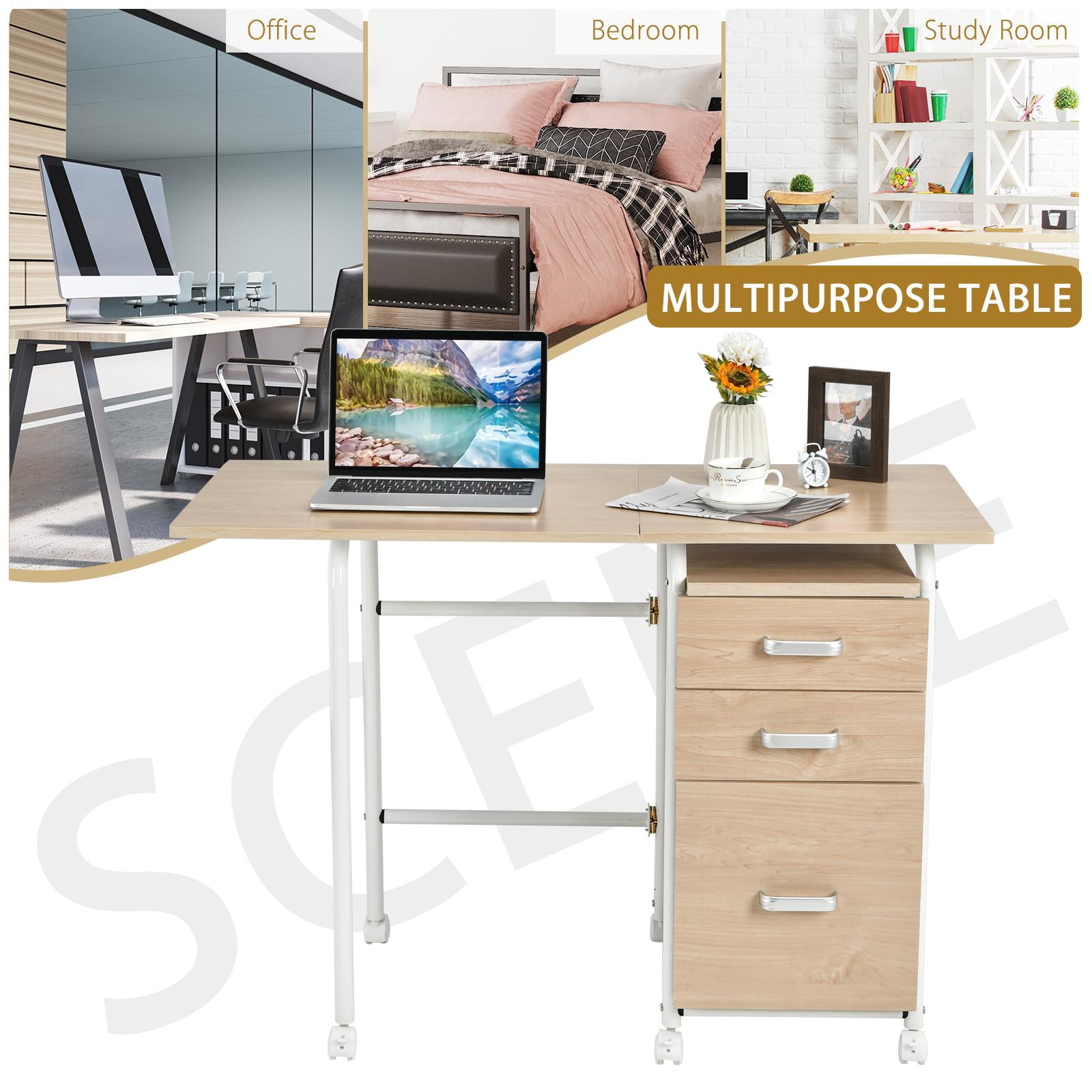 Giantex Folding Computer Study Desk, Home Office Desk w/Smooth Wheels & Large Drawers, Mobile Laptop Desk Writing Table (Natural)