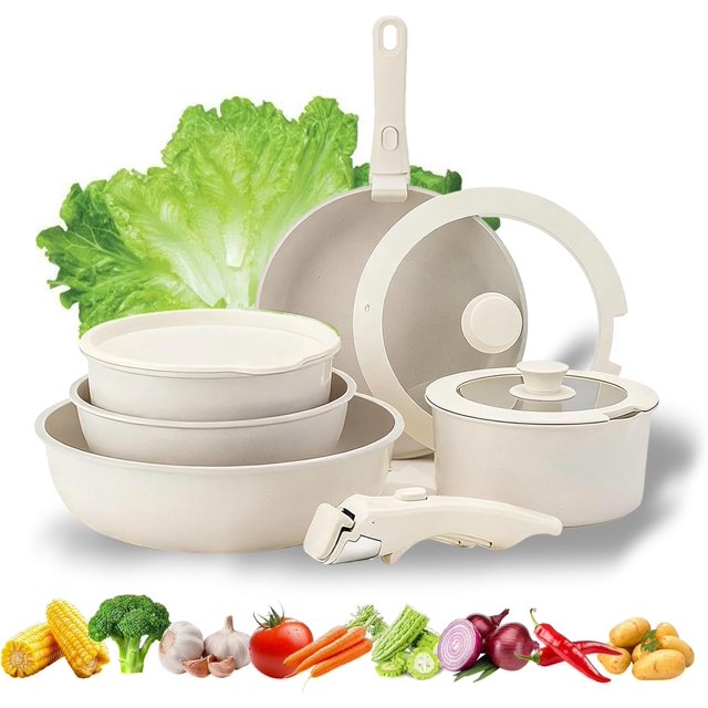 Pots and Pans Set Non Stick, 5/11/15 Piece Cookware Detachable Handle Set, Stackable Nonstick Cooking Sets for Kitchen, Easily Clean, Suitable for Kitchen, RV, Oven & Induction (11PCS)