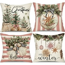 Christmas Pillow Covers 20x20 inch Set of 4 Christmas Tree Gloves Hello Winter Decorative Pink White Stripe Throw Pillow Covers Winter Farmhouse Decoration for Home Couch