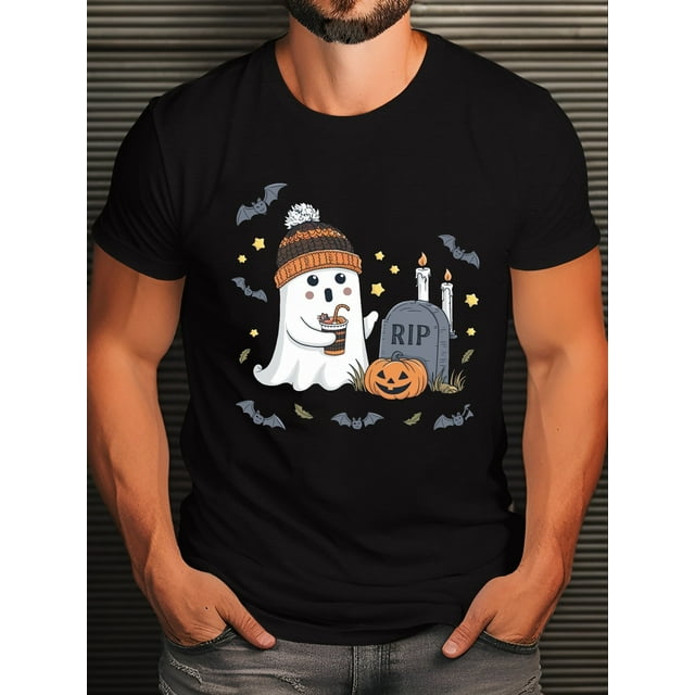 Halloween T-shirt, 100% cotton crew neck short sleeves with ghost and pumpkin patterns, casual top, regular version, all season wear, machine washable