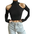thumbnail image 3 of hirigin Women's Spring Autumn Slim Crop Tops Solid Color Long Sleeve Cold Shoulder T-shirt, 3 of 6
