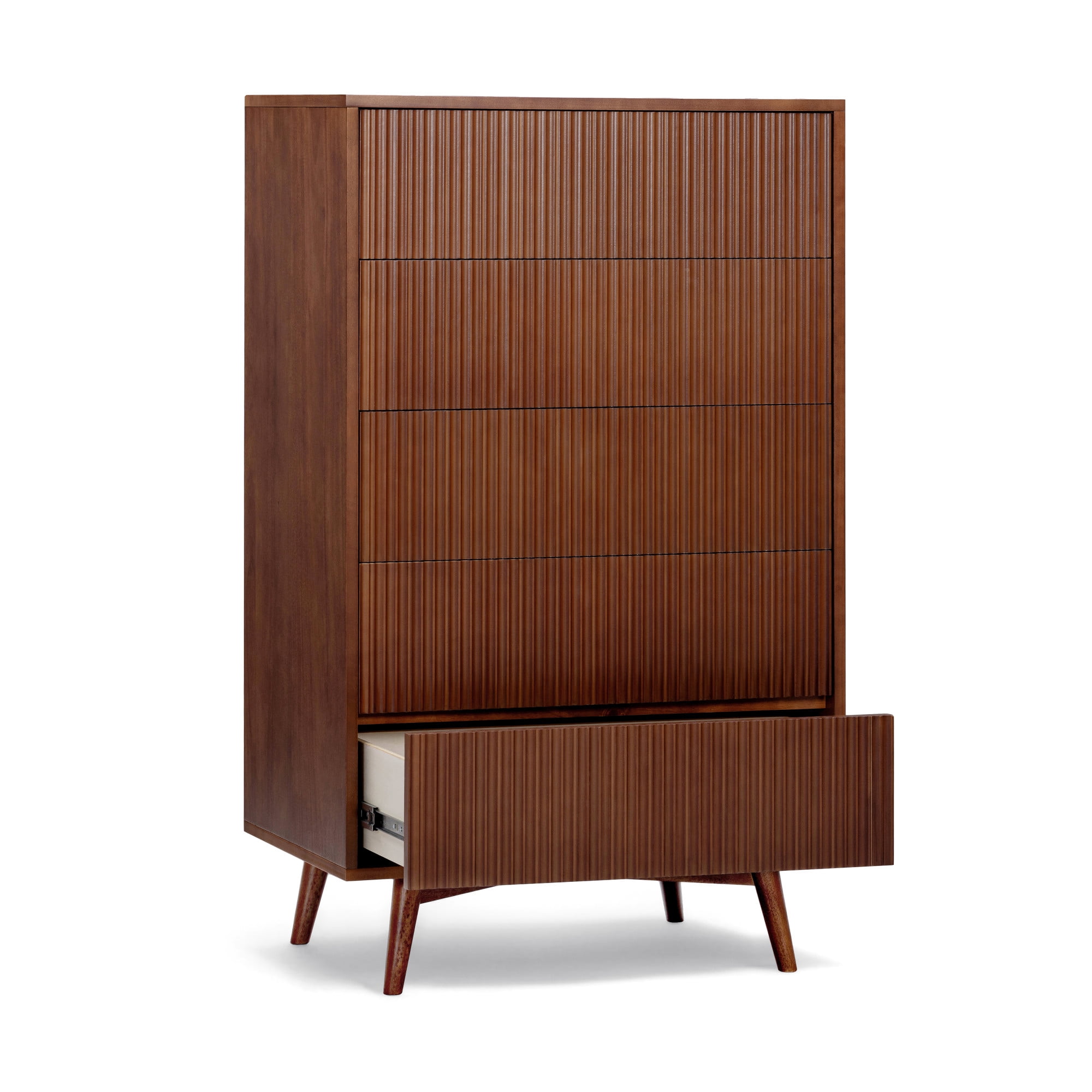 Tremolo 5-Drawer Dresser, Walnut – Teamson Home: Push-Open Chest of Drawers with Natural Acacia Fluted Fronts for Modern Bedrooms & Closet Storage