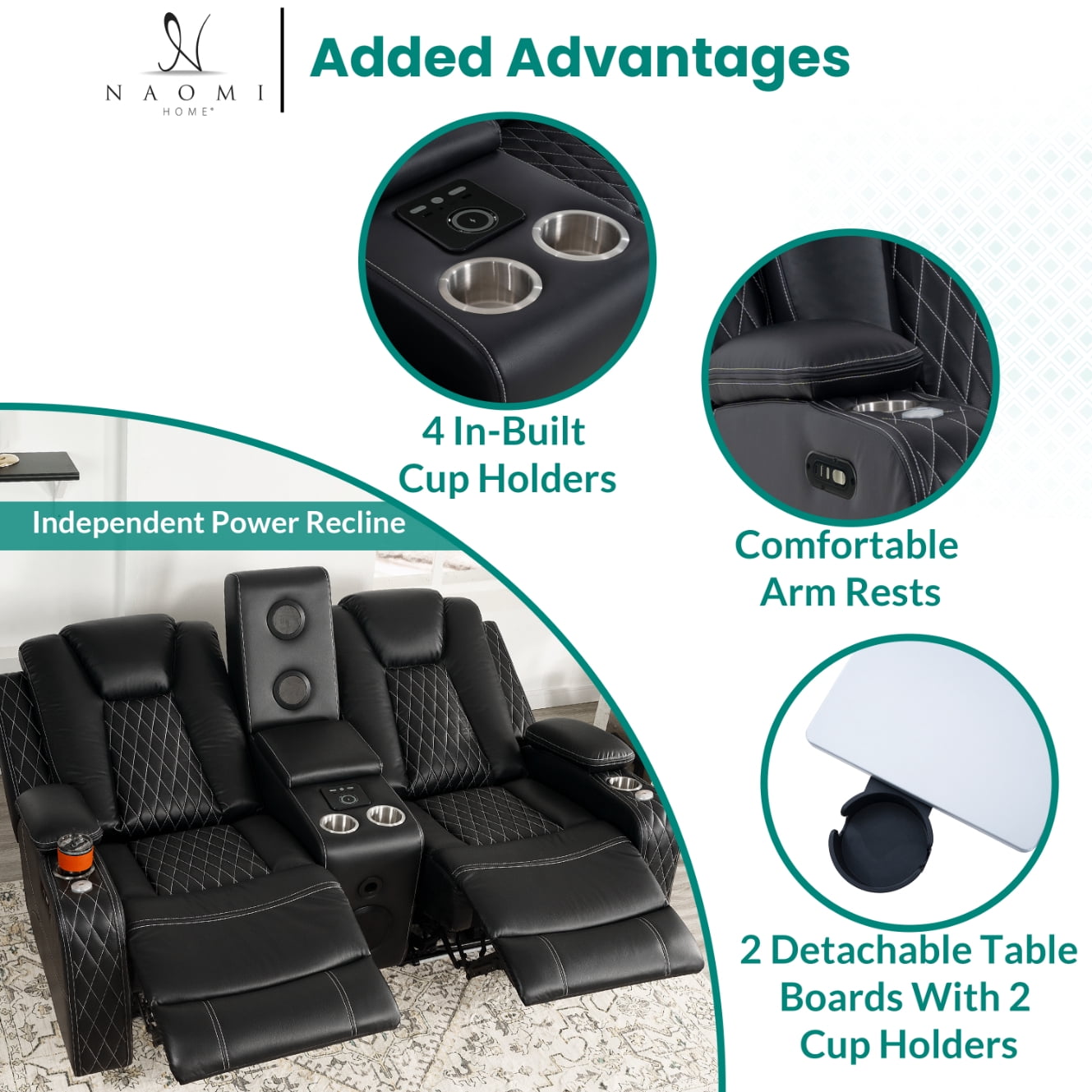 Home Theater Seating, Gaming Chairs for Adults, Wireless Charging Movie Theater Chairs, Power Recline Loveseat with 6 Cup holders and Tray, Powerful in-Built Speaker, USB Ports, Air Leather – Black