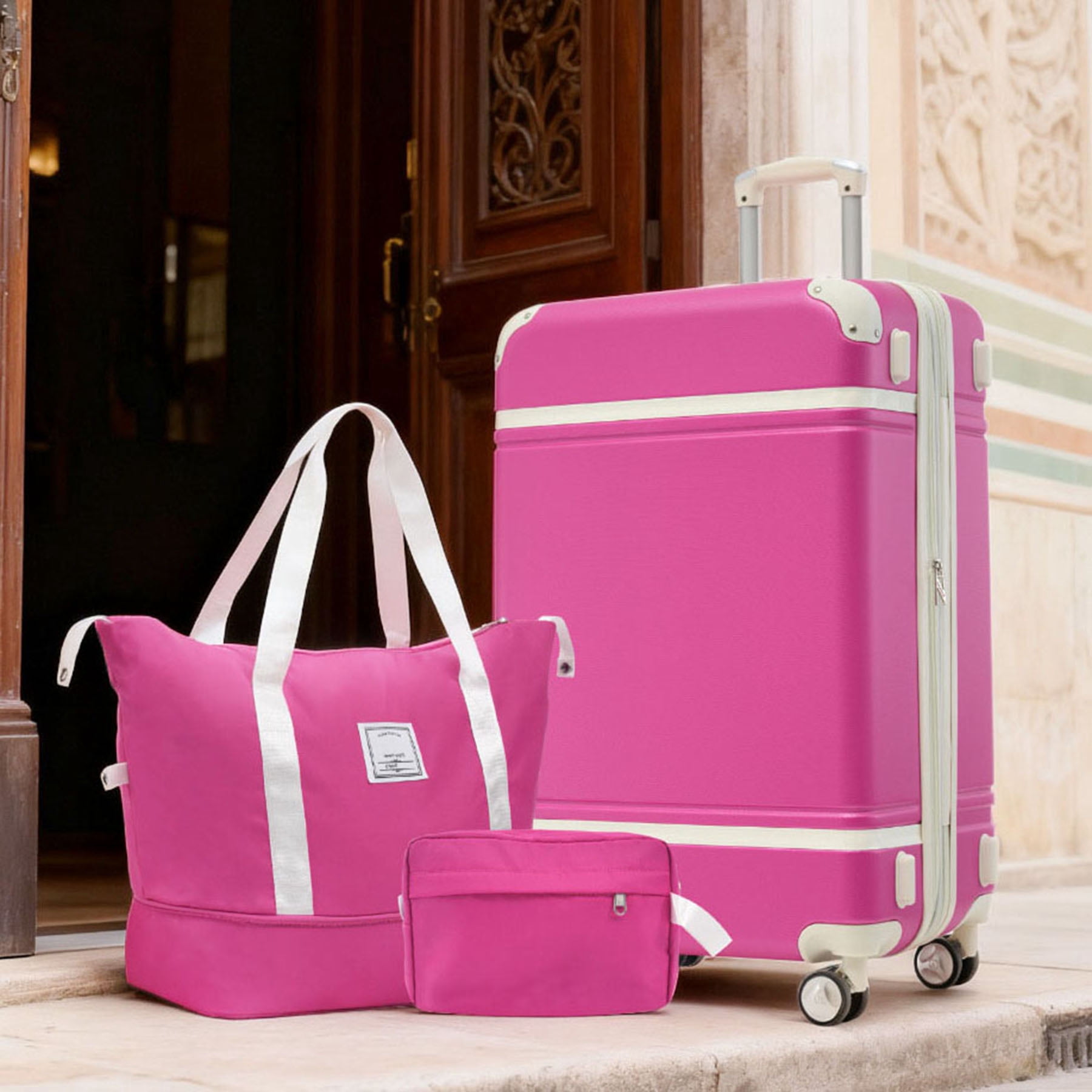 S-HOME Versatile  Hardshell Luggage Set in Vintage Design with 24 Inch Suitcase, Travel Duffel Bag and Toiletry Bag, TSA Lock and Spinner for All Journeys, Pink
