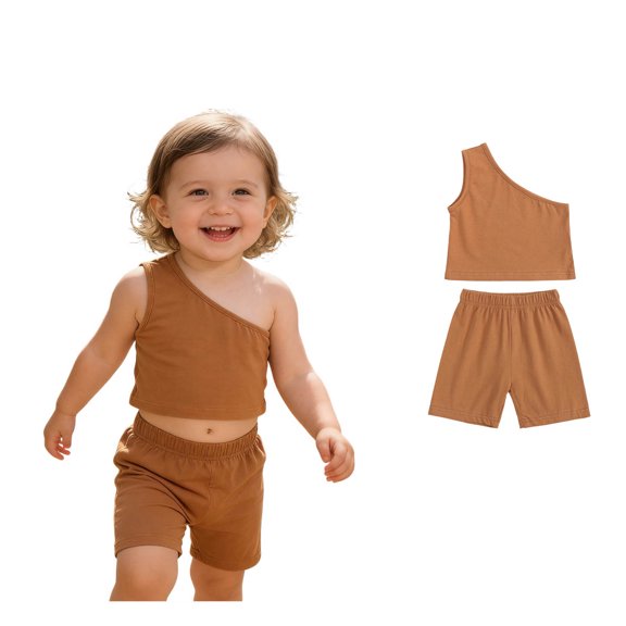 Toddler Baby Girl 1 Shoulder Tank Top Vest Shorts Brown Two Piece Outfit Set Casual Summer Clothes 4T