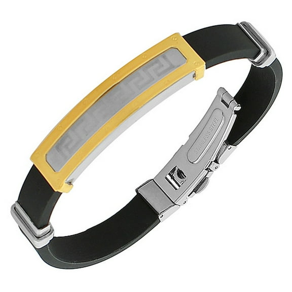 EDFORCE Stainless Steel Black Rubber Silicone Two-Tone Greek Key Men's Bracelet