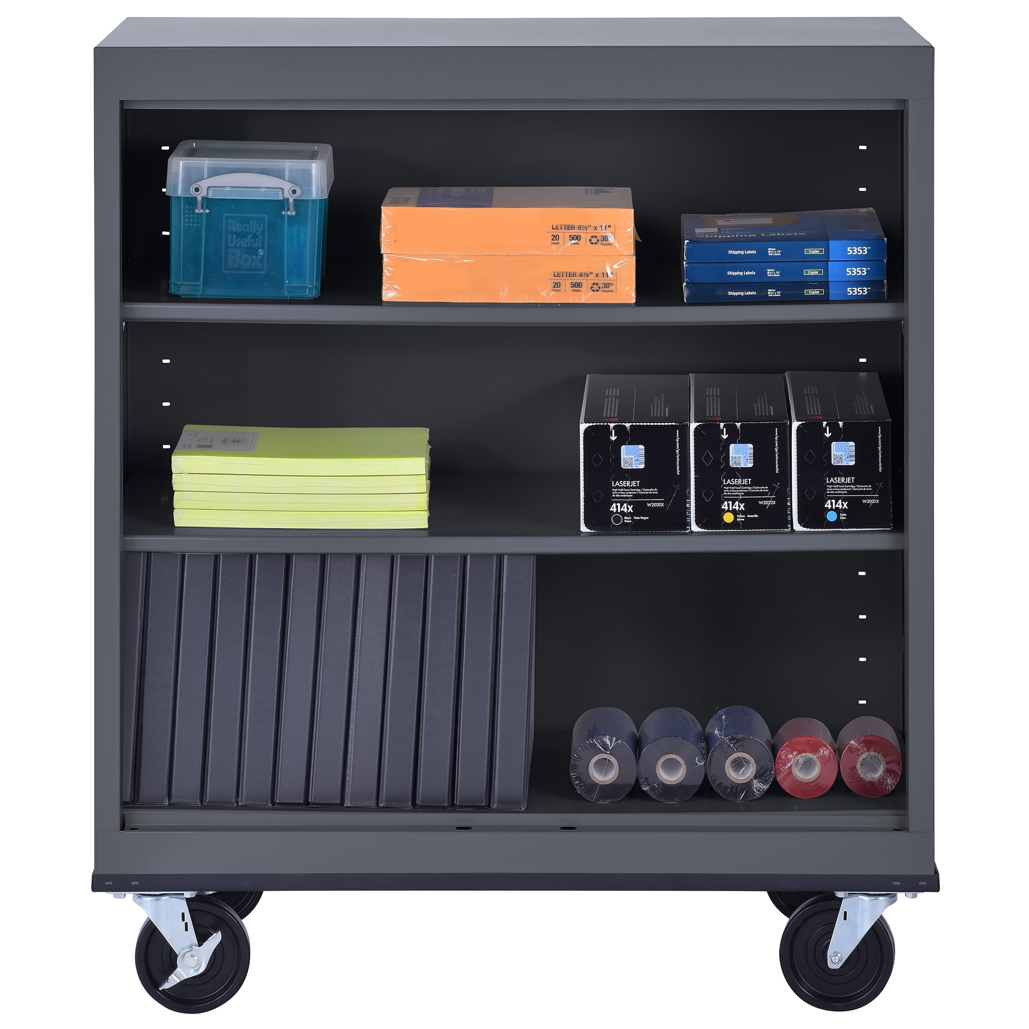 Sandusky Mobile Bookcase Series 42 in. Tall Charcoal Metal 3-Shelves Standard Bookcase With Casters