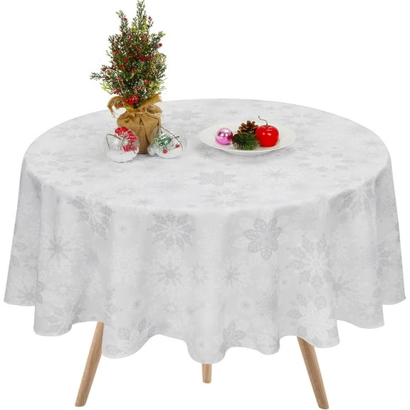 Christmas Tablecloth, Grey White Snowflake Table Cloth, Gray Xmas Waterproof Tablecloths for Dining Kitchen Winter Holiday, Spill-Proof Table Cover for New Year Party Home Decor, Round 60 Inch
