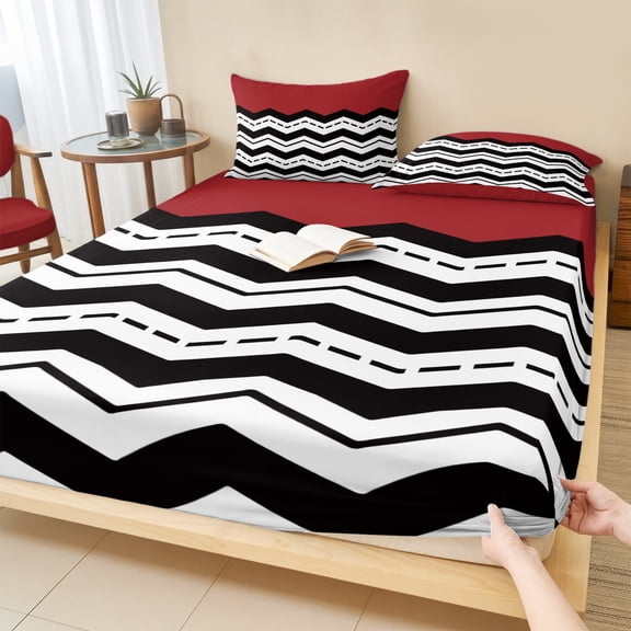 Cal.King Size Fitted Sheet Set - Black White Chevron 3 Piece Bedding Sets 16" Deep Pocket Fitted Sheet with 2 Pillowcases, Geometric Red Sea Wavy Striped Brushed Microfiber Hotel Luxury Bed Sheets