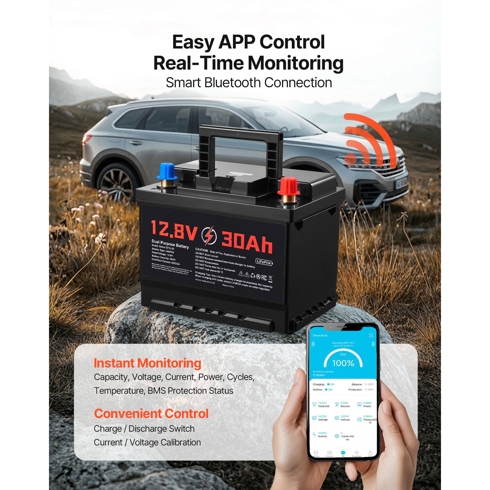 KFFKFF 12V 30Ah Dual Purpose LiFePO4 Lithium Battery, 600 CCA Group 47, Starter and Deep Cycle Battery with Smart BMS, Suitable for Cars, Trolling Motors, and Engine Starting