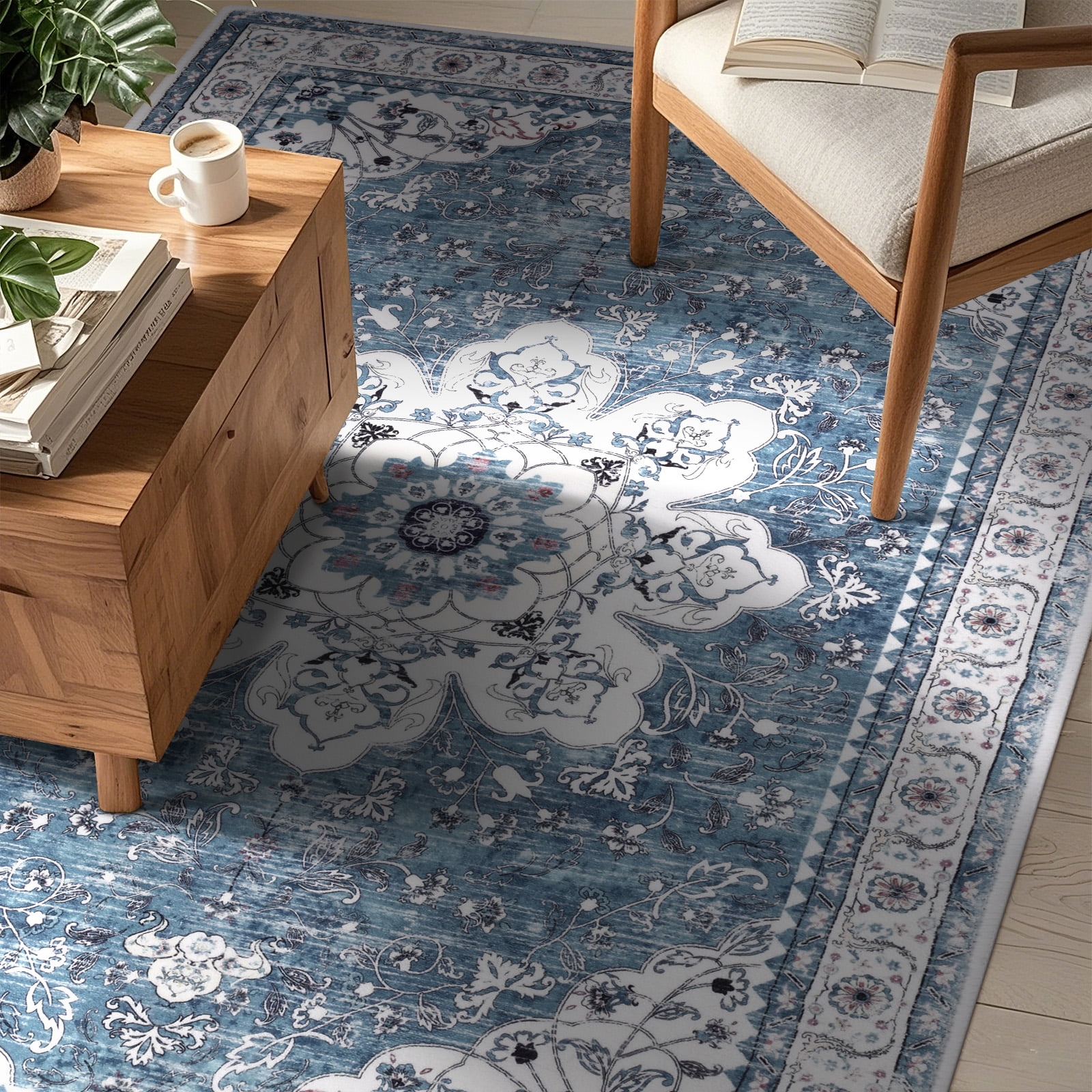 MeyJey Oriental Indoor Living Room Area Rug 5'x8', Non-Slip Machine Washable Vintage Floor Carpet for Bedroom Dining Kitchen Hallway Nursery, Blue