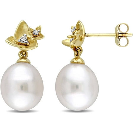 Miabella 10-10.5mm White Cultured Freshwater Pearl and Diamond-Accent 10kt Yellow Gold Floral Earrings