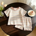 thumbnail image 4 of Glisme Girls Outfit Set Striped Print Short Sleeve Crew Neck Tops With Shorts Outfit Quick Dry Girls Set Size 3-4 Years Coffee, 4 of 4