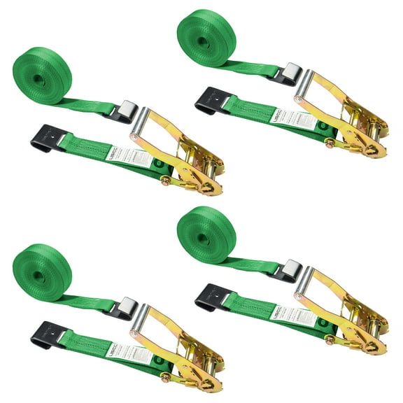 US Cargo Control, Flat Hook Ratchet Strap, Ratchet Tie Down, 2 Inch X 30 Foot, Green Ratchet Strap With Black Flat Hook, Weather Resistant Strap, 3,333 Pound Working Load Limit, 4 Pack