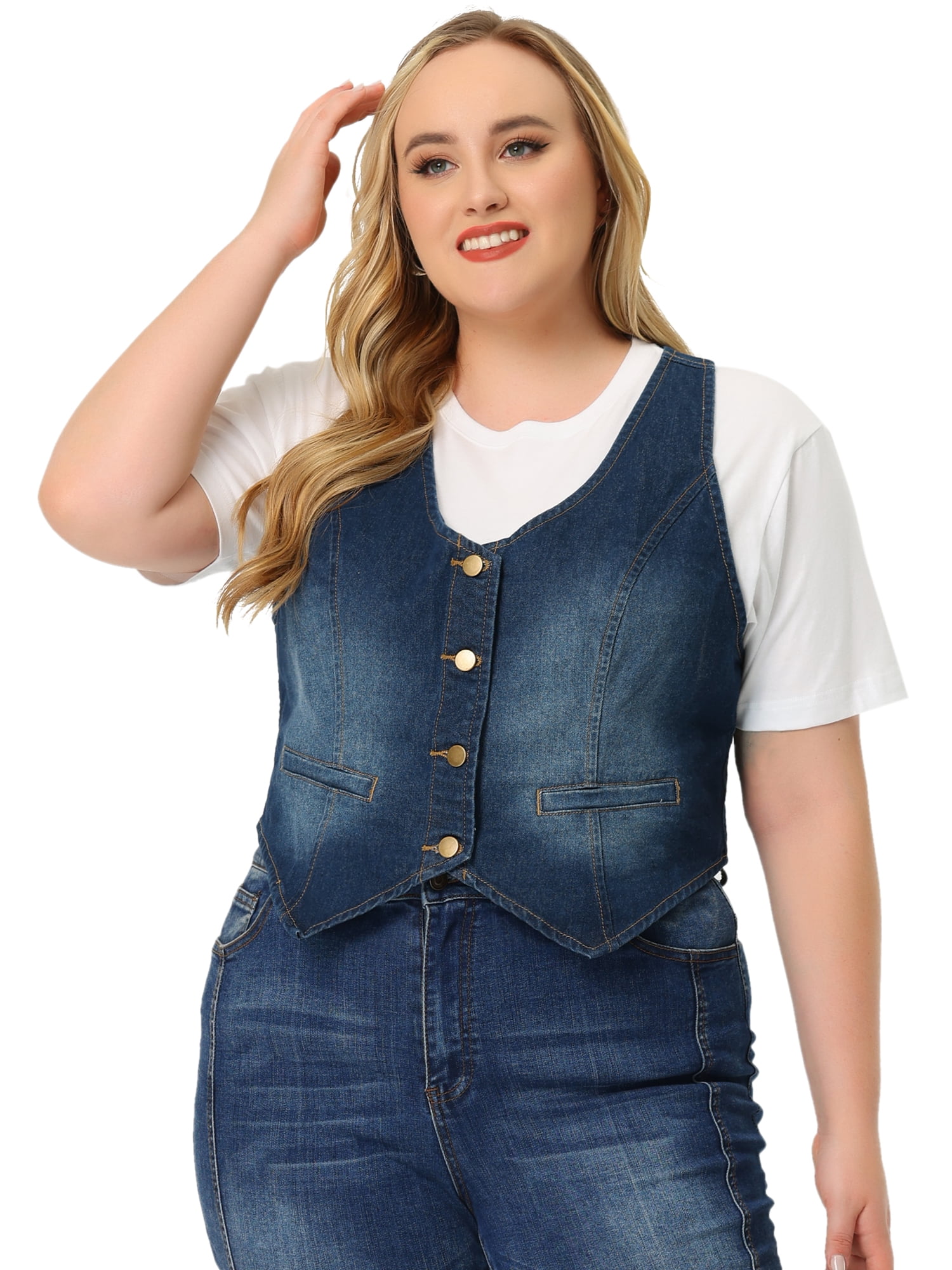 DARING DIVA Women's Plus Size Button Down V Neck Sleeveless Jean Waistcoat 4X Blue