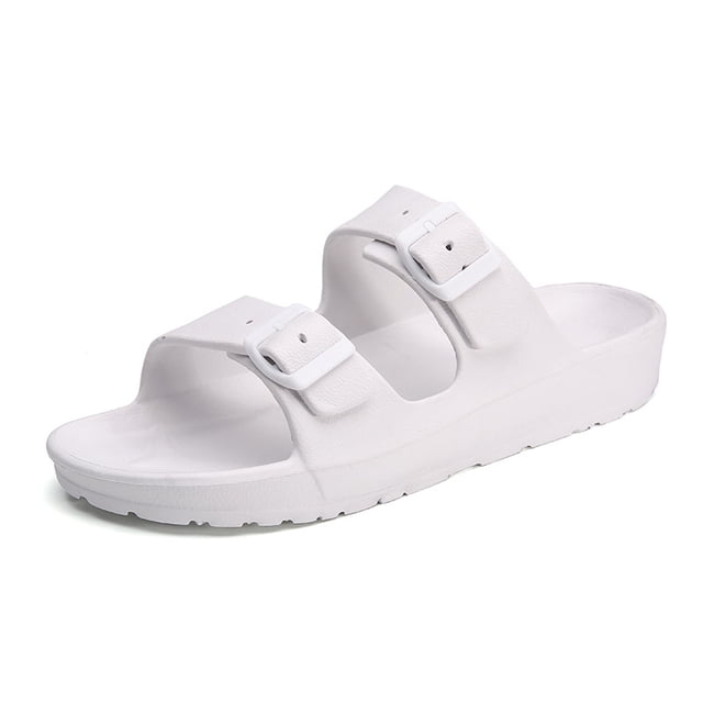 Sandalias planas para hombre y mujer, chanclas ajustables con plantilla cómoda, zapatillas EVA con doble hebilla, zapatillas blancas para mujer 11,5/hombre 10 Jormftte HMHZ761-19