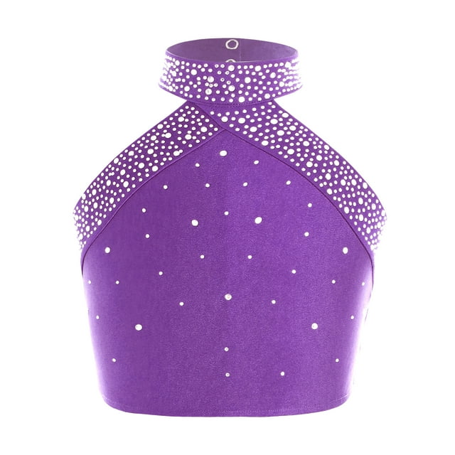 Sxiwei Kids Girls Shiny Rhinestones Halter Neck Vest Top Ballet Latin Modern Dance Performance Costume Purple 6