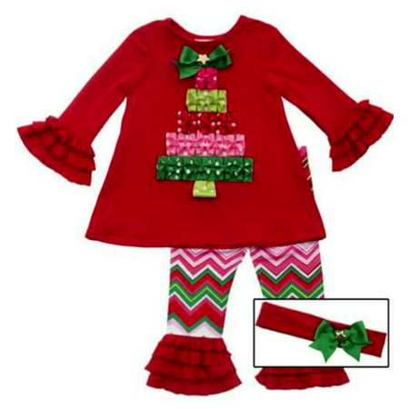 Girls Christmas Outfit - Christmas Present Tree Chevron Pant Set