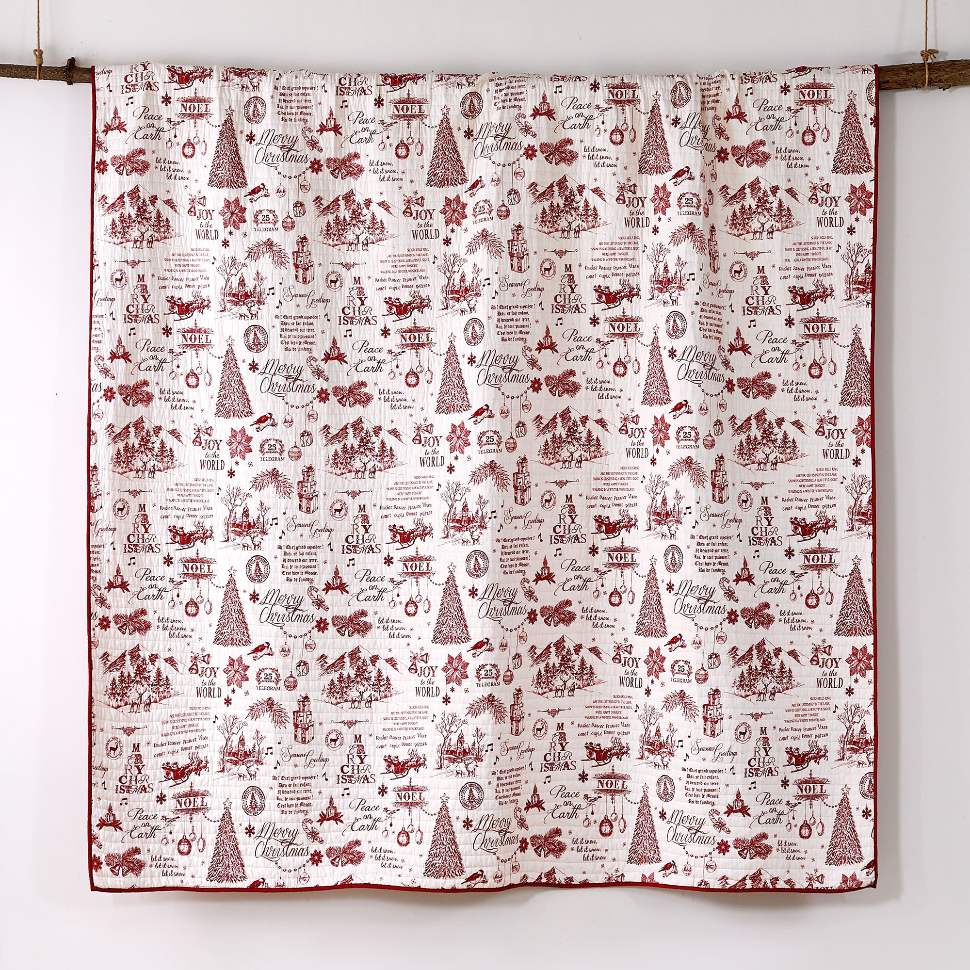 Levtex Home Yuletide Red Cream Christmas Holiday Script Cotton King Quilt - Reversible