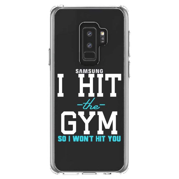 DistinctInk Clear Shockproof Hybrid Case for Samsung Galaxy S9  PLUS (6.2" Screen) - TPU Bumper Acrylic Back Tempered Glass Screen Protector - I Hit the Gym So I Won't Hit You
