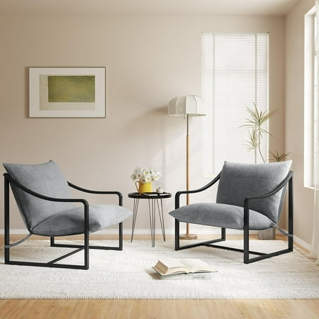WALYWIK Grey Sling Accent Chair, Metal Frame Living Room Chairs with SOFE Cushion, Comfy Chair for Bedroom, Easy Assembly,2PCS