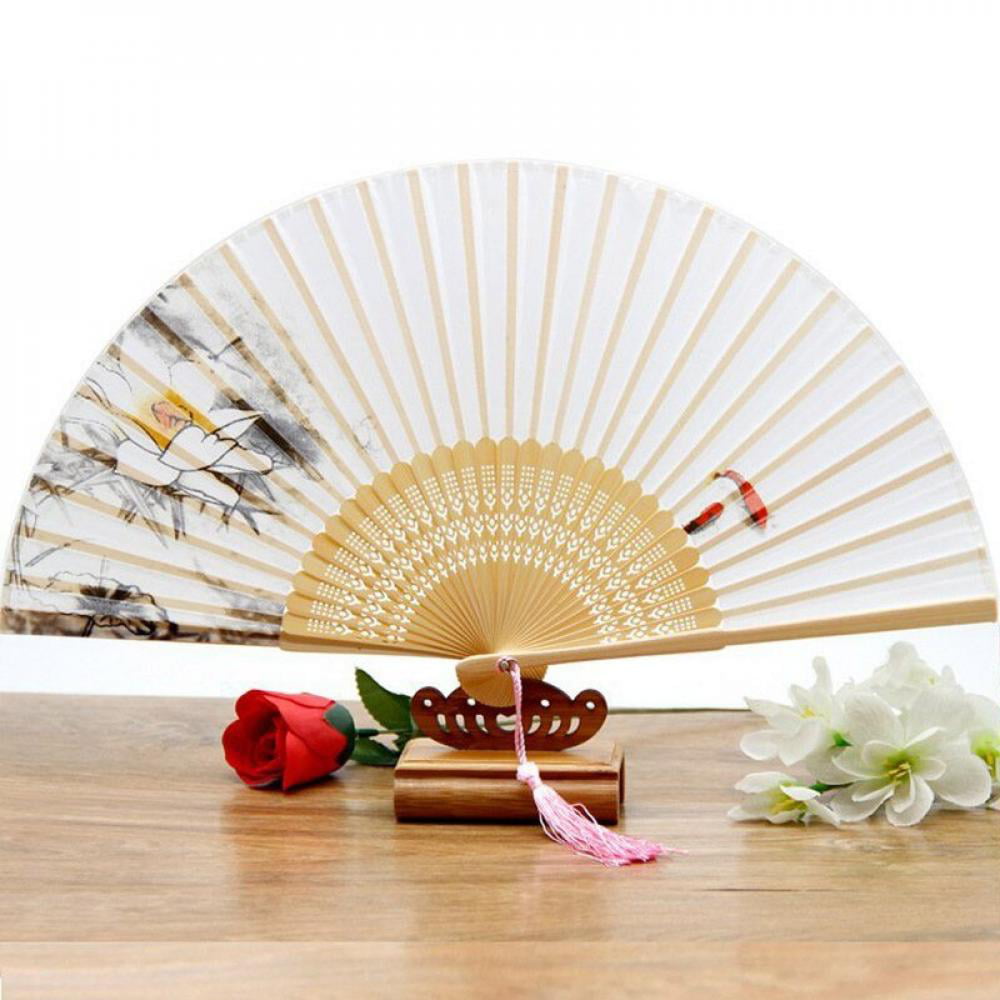 Hand Held Fans Chinese Style Peony Silk Bamboo Folding Fan Tassel Folded Fan