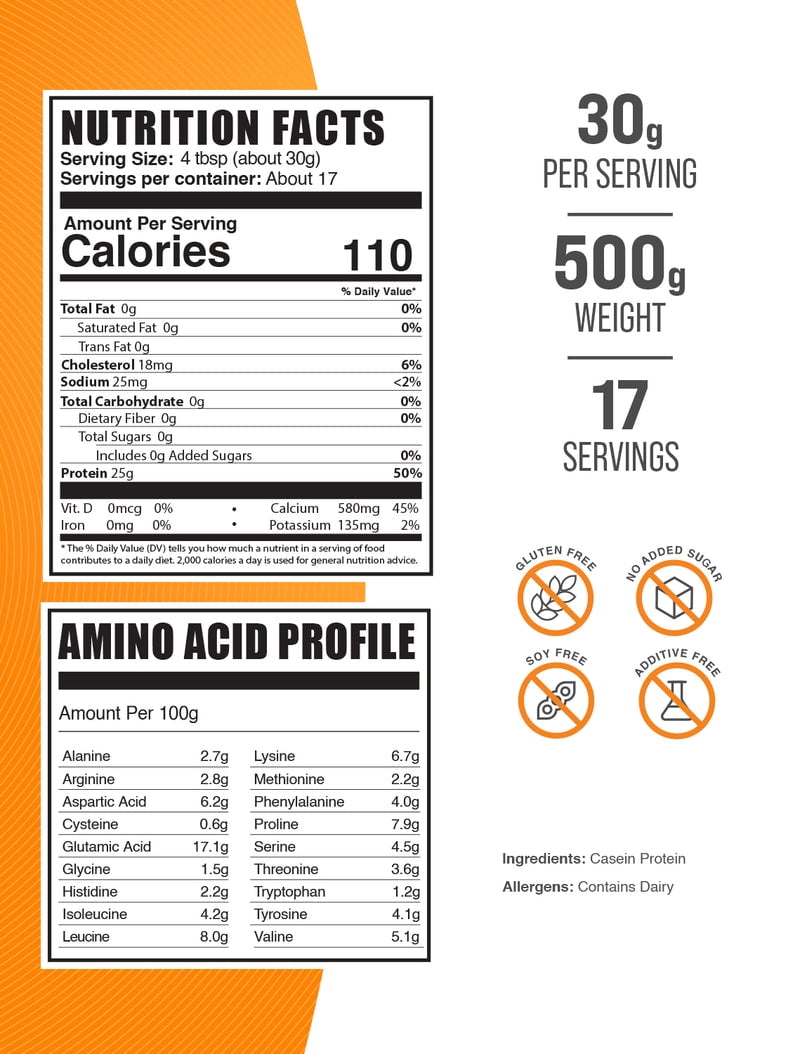 BulkSupplements Casein Protein Powder- 30g per Serving - 500 Grams (1.1 lbs) - 16 Servings