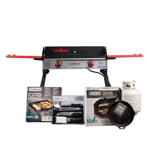 Camp Chef Guy Fieri's Pro 14 Bundle & Plus - Pro60X Bundle pour Cuisine Extérieure - Réchaud à Double Brûleur - Poêle en Fonte 12 Pouces - Boîte à Barbecue 1 Brûleur - Plaque de Cuisson - Ensemble d'Ustensiles de Chef
