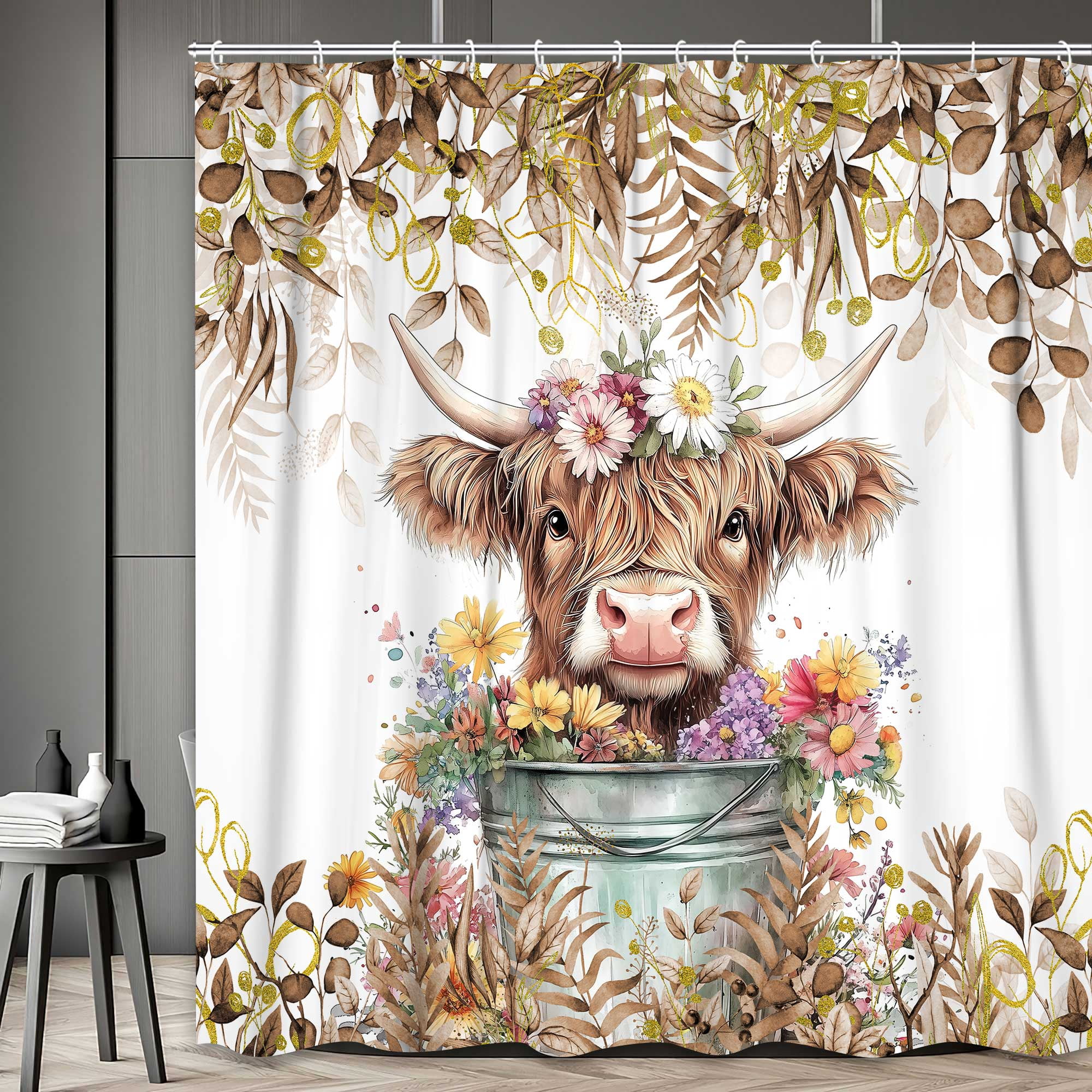 Brown Shower Curtain, Watercolor Plant Eucalyptus Leaves with Floral Farmhouse Highland Cow Bath Curtain, Funny Animals Bathroom Accessories Botanical for Bathroom Curtain Set with Hooks, 72X72in