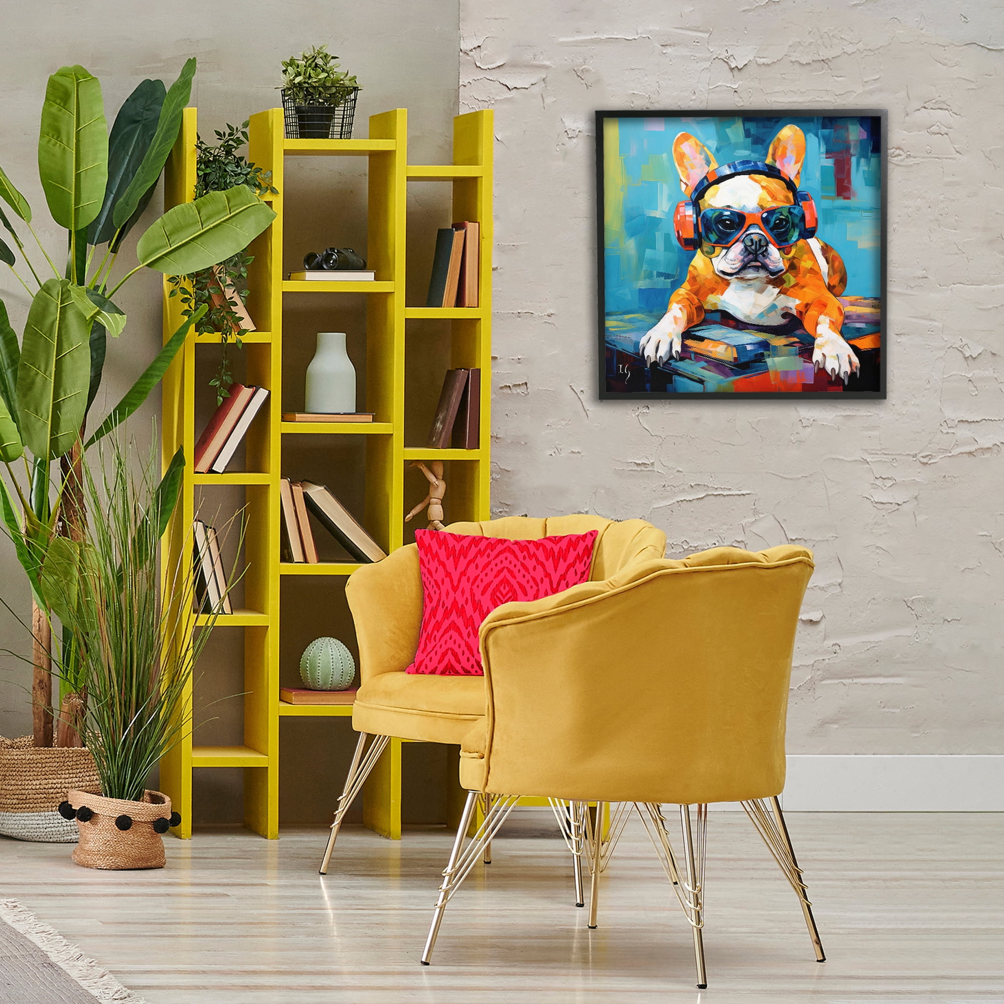 Stupell Industries French Bulldog with Headphones Animals & Insects Painting Black Framed Art Print Wall Art, 24 x 24