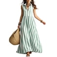 thumbnail image 4 of ClodeEU Women's V Neck Half Button Striped Sleeveless Maxi Dress with Pockets,Casual Loose A-Line Summer Swing Dress Green,Women's Plus L, 4 of 5