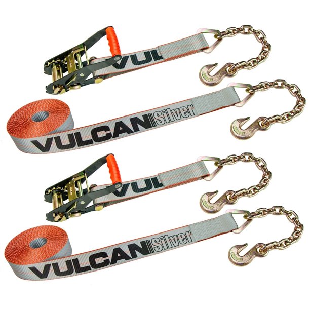 VULCAN Ratchet Strap with Chain Anchors 2 Inch x 27 Foot, 2 Pack