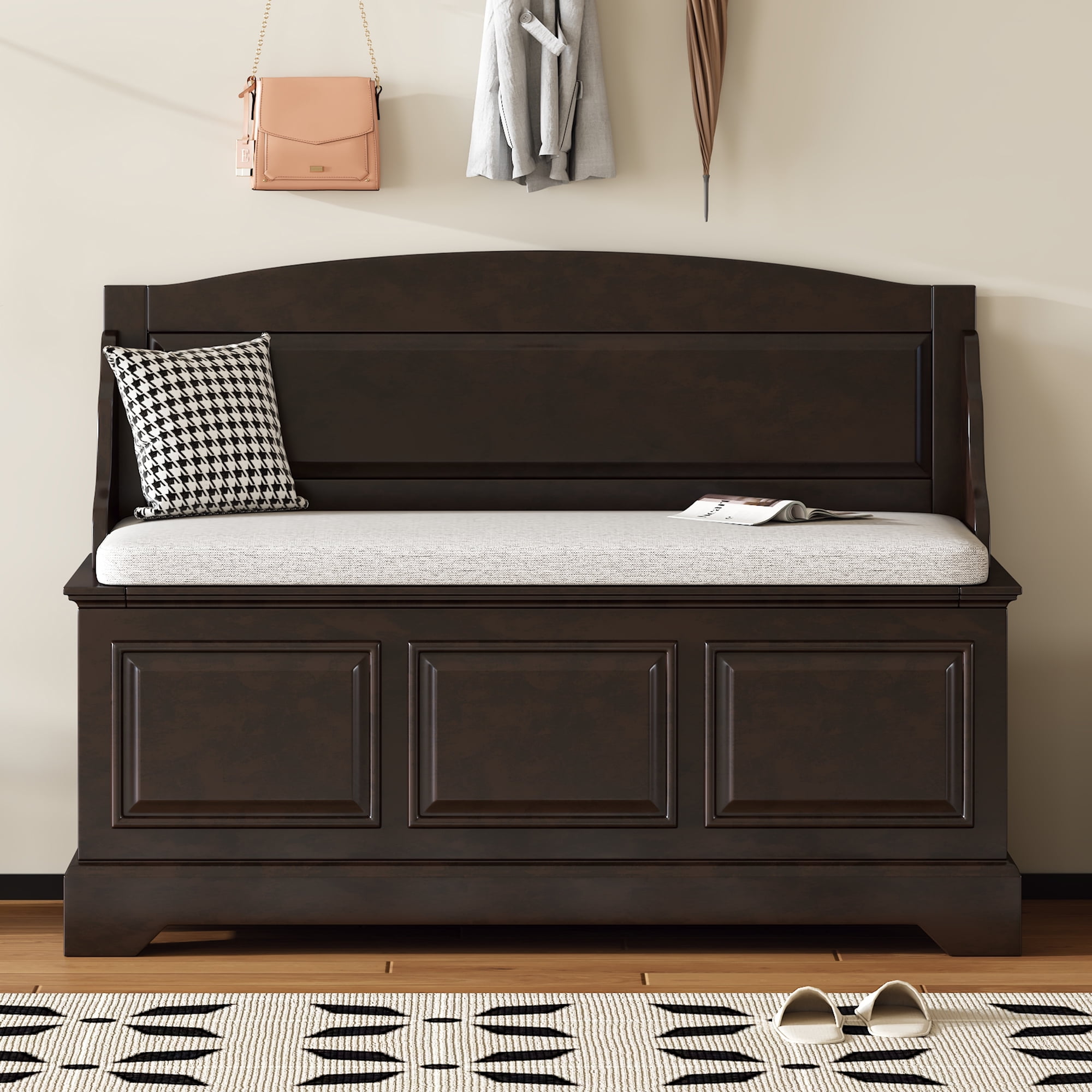 Euroco Vintage Wooden Shoe Storage Bench with Cushion, Carved Panel Design, Lift-Top Compartment, Entryway Seating