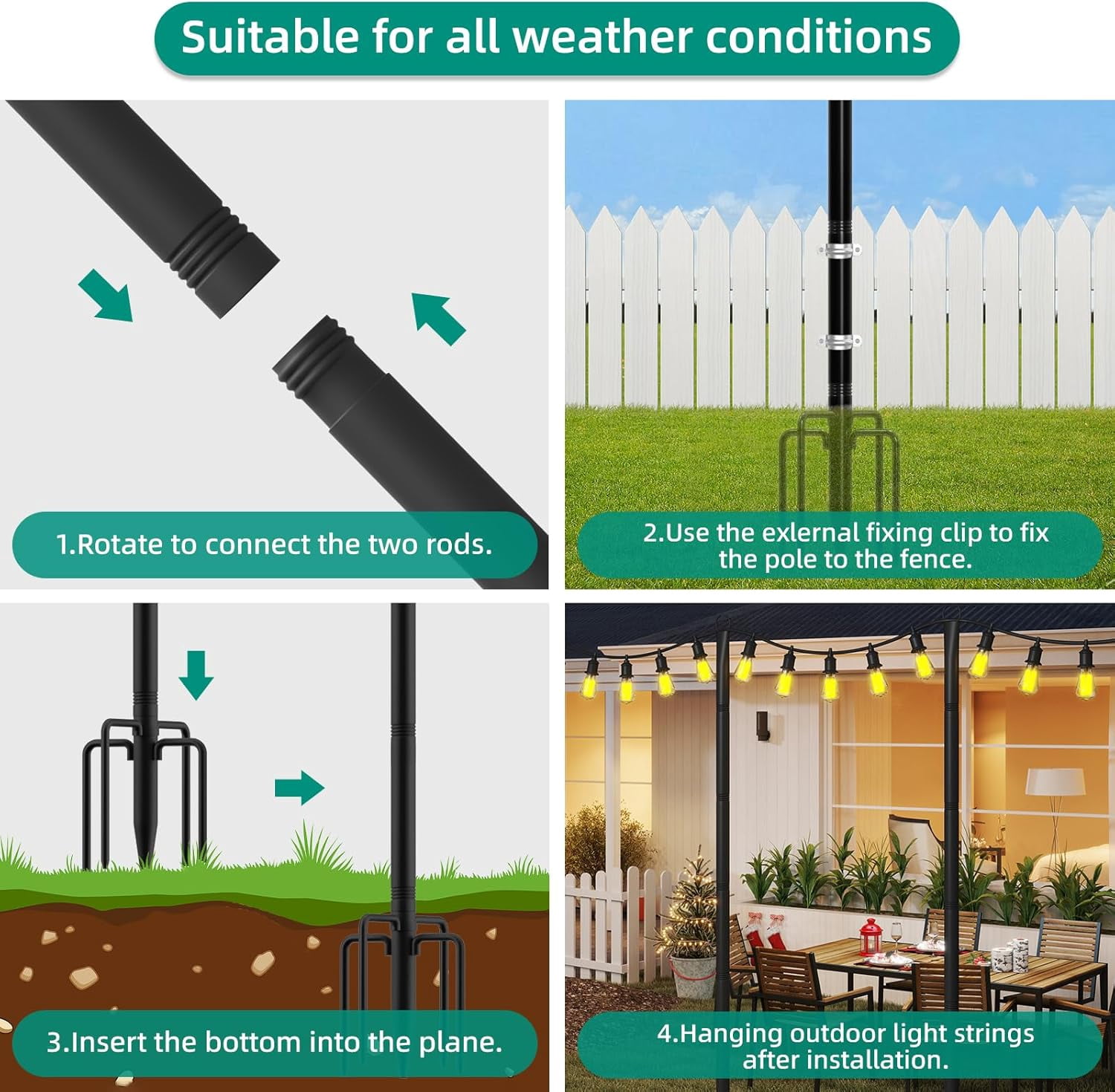 4 Pack String Light Poles, 10Ft Light Poles for Outside, Metal Poles with Fork, Lighting Hanging Post Accessories for Patio Decor Garden Backyard Yard Front Porch Outside Decorations