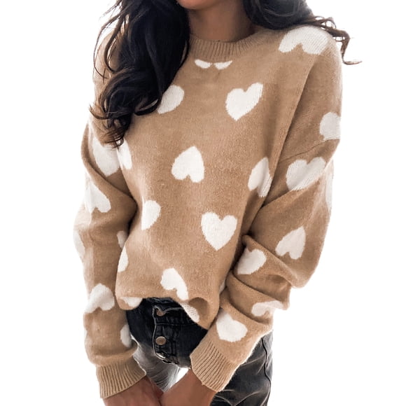 DondPO Valentines Day Sweater Women's Solid Color Crew Neck Loose Long Sleeved Valentine's Print Hoodie Valentine Sweatshirt Heart Sweater For Women Brown S Clearance！