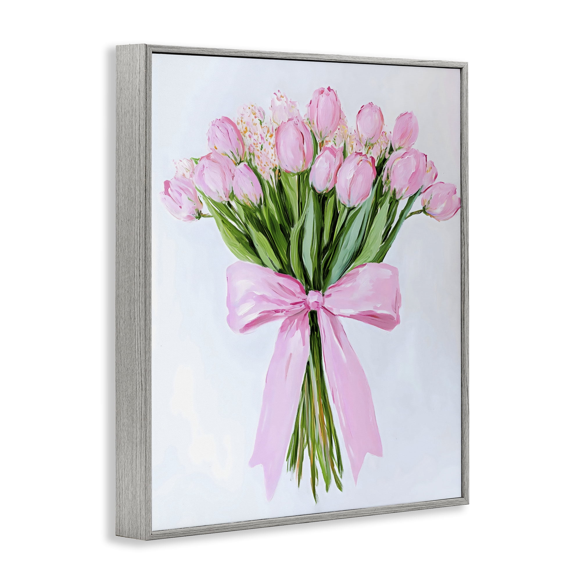 Stupell Industries Soft Pink Tulips with Ribbon Gray Framed Giclee Art, design by The Prints Vibe