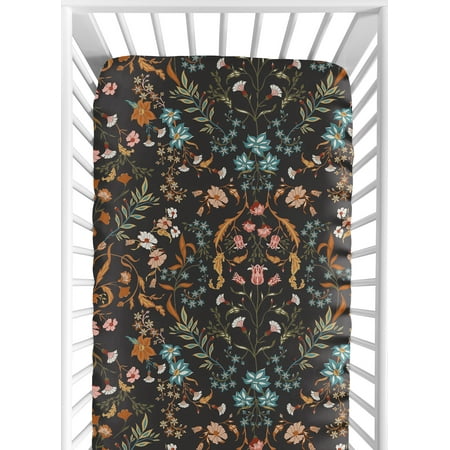 UPC: 0846480097679 | Boho Floral Wildflower Black and Rust Orange Fitted Crib Sheet Girl by Sweet Jojo Designs