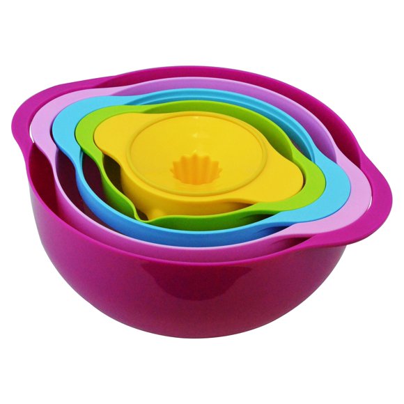 Southern Homewares 5 Piece Compact Nesting Mixing Bowl Colander Sieve Measuring Bowl Juicer Set Stackable Multi-Color
