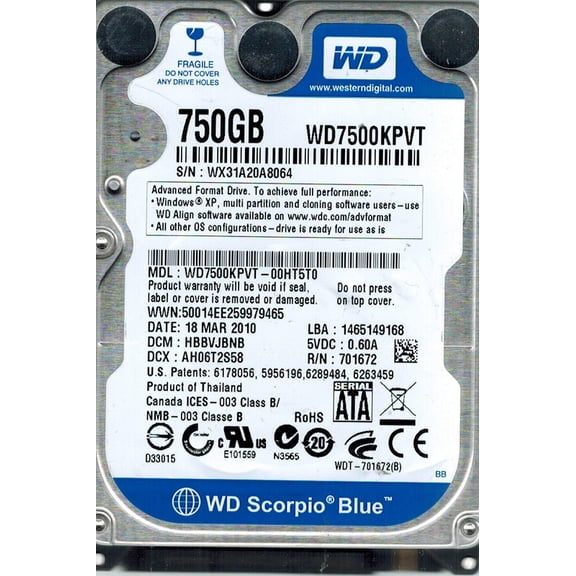 WD7500KPVT-00HT5T0 DCM: HBBVJBNB Western Digital 750GB