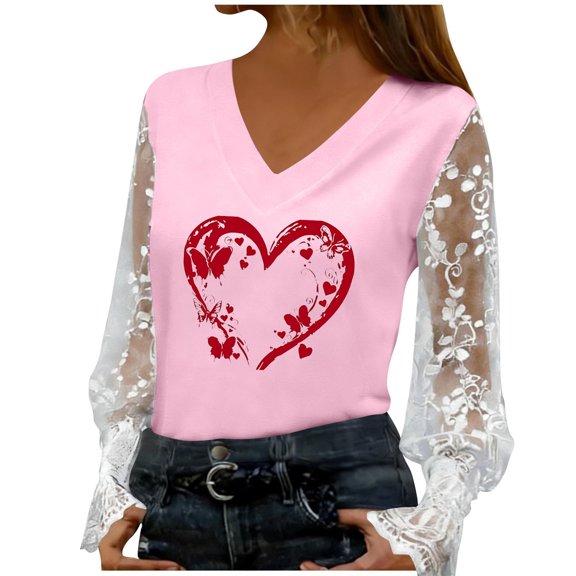 Hvot&aat Women's Romantic Lace Long Sleeve Insert V-Neck Blouse Heart Print Valentine's Day Elegant Shirts