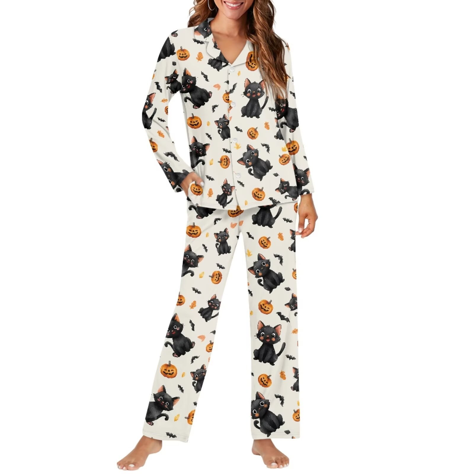 HUIACONG Off-white Black Cat Pumpkin Print Women s 2 Piece Pajama Set Notch Collar Button Front Long Sleeve Breathable Quick Dry Polyester Ideal for Halloween Home Lounging