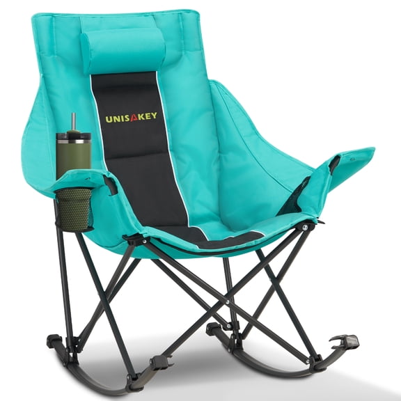 HARIPUL Oversized Rocking Camping Chair for Adults, 400lbs Heavy Duty Outdoor Rocker Chair with Cup Holder & Headrest, Foldable Portable Camp Chair for Beach Backyard Patio, 600D Fabric-Green