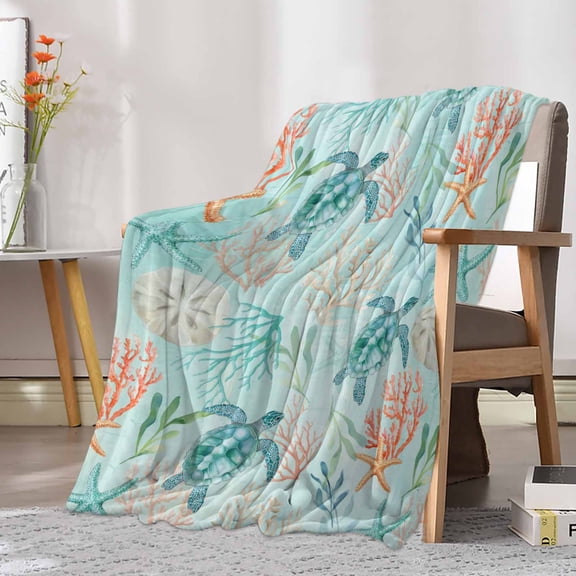 Fleece Blanket Ocean Coral Sea Turtle Blankets, Soft Cozy Warm Flannel Throw Blanket, Marine Starfish Seagrass Blanket for Bed Couch Sofa,30x40In