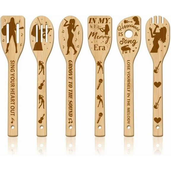 6Pcs Music Woman Bamboo Cooking Utensils Wooden Engraved Cooking Spoons Set Guitar and Notes Carving Kitchen Bamboo Spatula Set Wood Cooking Spoon
